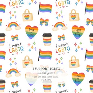 May include: A seamless pattern with rainbow flags, hearts with "Love is Love", rainbows, tote bags with heart designs, coffee cups, and bows. The phrase "I support LGBTQ" is also included. The design is on a white background.