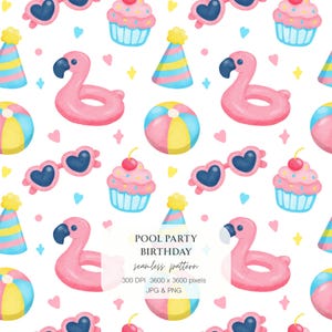 May include: Seamless pattern featuring pink flamingo floats, heart-shaped sunglasses, cupcakes with cherries, beach balls, and party hats on a white background. The text "POOL PARTY BIRTHDAY" is also included.