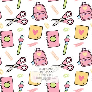 May include: A seamless pattern featuring school supplies on a white background. The repeating design includes pink backpacks with yellow hearts, pink scissors, spiral notebooks with green apples, yellow sticky notes with pink hearts, and pens.