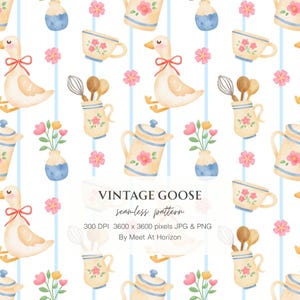 Puede incluir: Patrón de acuarela sin costuras con gansos, tazas de té, teteras, jarrones con flores y utensilios de cocina. El diseño incluye flores rosas y rayas azules sobre un fondo blanco. El texto "VINTAGE GOOSE seamless pattern" está presente.