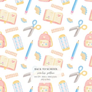 Könnte beinhalten: Ein nahtloses Muster mit Aquarellillustrationen von rosa Rucksäcken, offenen Notizbüchern mit Herzzeichnungen, blauen Stiften, Anspitzresten, karierten Radiergummis und Scheren. Der Text lautet BACK TO SCHOOL seamless pattern 300 DPI 3600 x 3600 pixels JPG & PNG.