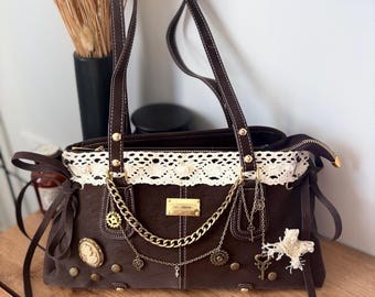 Bolso de hombro Steampunk Dark Coquette, bolso de encaje marrón vintage, bolso de mano grunge de hadas, bolso gótico romántico, bolso tote indie sleaze Y2K, estético