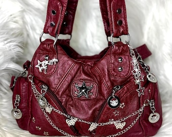 Bolso de hombro burdeos estilo Y2K con dijes, monedero con cadena de estrella y mariposa, bolso vintage grunge de hadas, bolso con estética coqueta de los años 2000