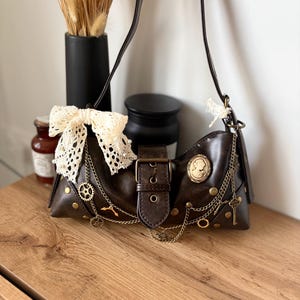 Brown Vintage Shoulder Bag | Custom Y2K Lace Bow Handbag | Steampunk Charm Bag | Indie Fairycore Aesthetic Purse