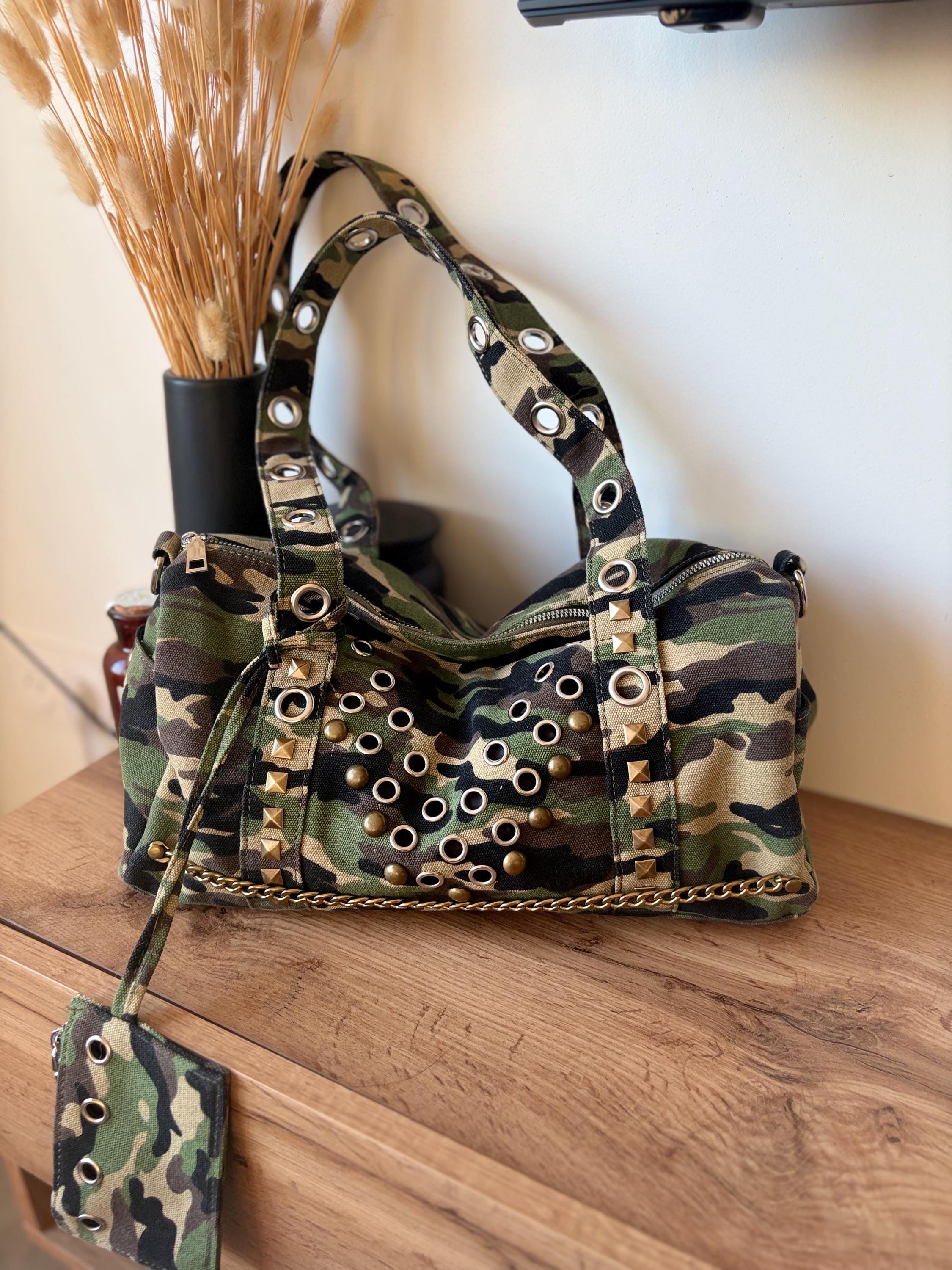 Y2K Camouflage Studded Shoulder Bag | Grunge Army Print Purse 