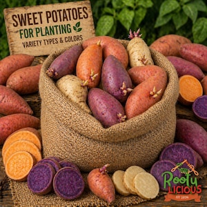 May include: A burlap sack overflowing with various sweet potatoes, including orange, purple, and white varieties. The image also shows sliced sweet potatoes. A wooden sign reads "Sweet Potatoes for Planting, Variety Types & Colors."