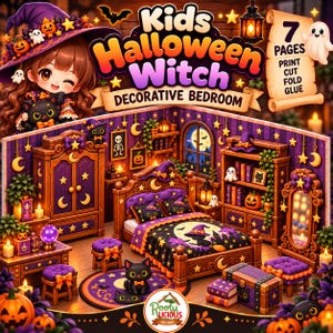 May include: A printable paper craft set featuring a miniature Halloween-themed bedroom with a bed, wardrobe, bookshelf, and mirror. The set includes 7 pages of components to print, cut, fold, and glue, decorated with purple, orange, and black motifs.