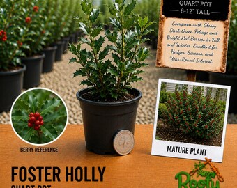 May include: A Foster Holly plant in a black quart pot, 6-12 inches tall, with glossy dark green leaves. A sign displays the text Foster Holly, Quart Pot, 6-12 inch tall, and a photo of a mature plant. A circular coin is placed beside the pot.