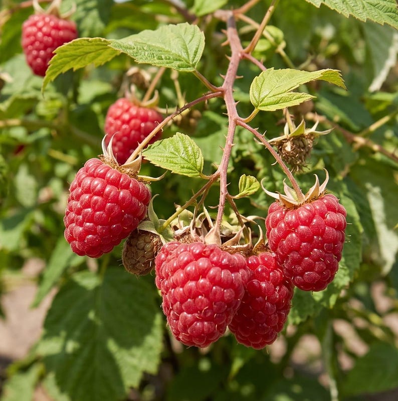 May include: Close-up of ripe red raspberries growing on a thorny branch with green leaves. The raspberries are clustered together, showcasing their textured surface and vibrant color. The background is blurred, highlighting the fruit.