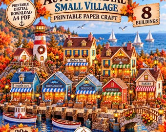May include: A printable digital download of an autumn coastal village paper craft set featuring 8 buildings, including a lighthouse, harbor inn, coffee shop, harbor cafe, marina market, seafood shop, grocery store, and bakery, with 20+ pages.