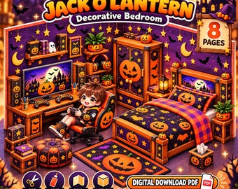 May include: A digital download PDF set for a Kids Halloween Jack O Lantern Decorative Bedroom featuring 8 pages of printable furniture and decor. The set includes a bed, desk, wardrobe, and rug, all decorated with orange pumpkin and star patterns.