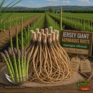 Pode incluir: Imagem de raízes de espargos Jersey Giant, com uma tigela de vidro com pontas maduras à esquerda. Uma placa de madeira diz "Jersey Giant Asparagus Roots". As raízes são nuas e de cor castanha clara. O fundo mostra um campo de espargos.