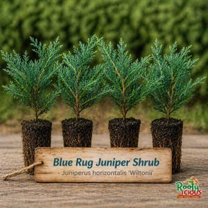 May include: Four small Blue Rug Juniper shrubs with vibrant blue-green foliage, ready for planting. The plants are in dark soil, with visible root systems. A wooden sign in front reads "Blue Rug Juniper Shrub". The background is a blurred green.