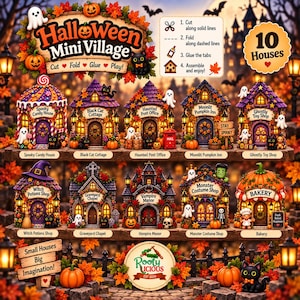 Puede incluir: Un kit de manualidades Halloween Mini Village con 10 casas de papel que incluyen Spooky Candy House, Black Cat Cottage, Haunted Post Office, Moonlit Pumpkin Inn, Ghostly Toy Shop, Witch Potions Shop, Graveyard Chapel, Vampire Manor, Monster Costume Shop y Bakery.