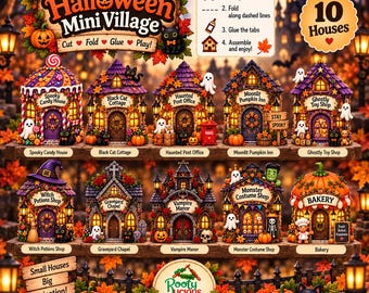 May include: A Halloween Mini Village craft kit featuring 10 paper houses including a Spooky Candy House, Black Cat Cottage, Haunted Post Office, Moonlit Pumpkin Inn, Ghostly Toy Shop, Witch Potions Shop, Graveyard Chapel, Vampire Manor, Monster Costume Shop, and Bakery.