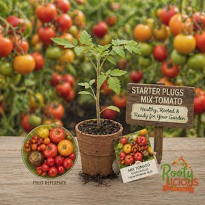 May include: A small tomato plant in a biodegradable pot, with a sign that reads "Starter Plugs Mix Tomato." A plate of various tomatoes is shown, with a packet of tomato seeds. The background features a tomato plant with ripe tomatoes.