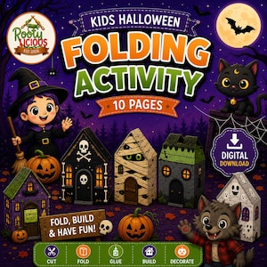 Op de afbeelding: Een digitale download voor een Halloween-vouwactiviteit voor kinderen met 10 pagina's aan printbare papieren huisjes. De afbeelding bevat een heks, een zwarte kat, een weerwolf, pompoenen en vijf papieren huisontwerpen met griezelthema's.