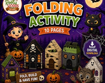 Könnte beinhalten: Ein digitaler Download für eine Halloween-Faltaktivität für Kinder mit 10 Seiten zum Ausdrucken von Papierhäusern. Die Grafik zeigt eine Hexe, eine schwarze Katze, einen Werwolf, Kürbisse und fünf Papierhaus-Designs mit Gruselmotiven.
