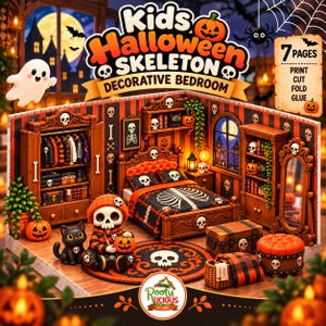 May include: A printable paper craft set featuring a miniature Halloween-themed bedroom with a skeleton-patterned bed, wardrobe, mirror, and furniture. The set includes seven pages of components to print, cut, fold, and glue, decorated with pumpkins, skulls, and black cats.