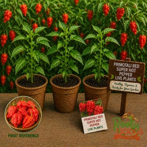 May include: Three Primotali Red Super Hot Pepper live plants in brown pots with green leaves. A small wooden sign reads "Primotali Red Super Hot Pepper Live Plants". A bowl of red peppers and a card with the same text are also present.
