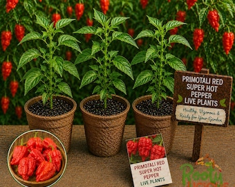 Primotali Red Super Hot Pepper - 3 Live Plants (75+ Days Old) - Insane Heat Level