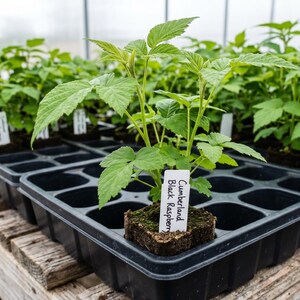 Pode incluir: Close-up de v&aacute;rias plantas de framboesa preta Cumberland em bandejas de pl&aacute;stico preto. Cada planta tem folhas verdes vibrantes e uma pequena etiqueta branca com o nome da planta. As bandejas est&atilde;o em uma superf&iacute;cie de madeira desgastada.