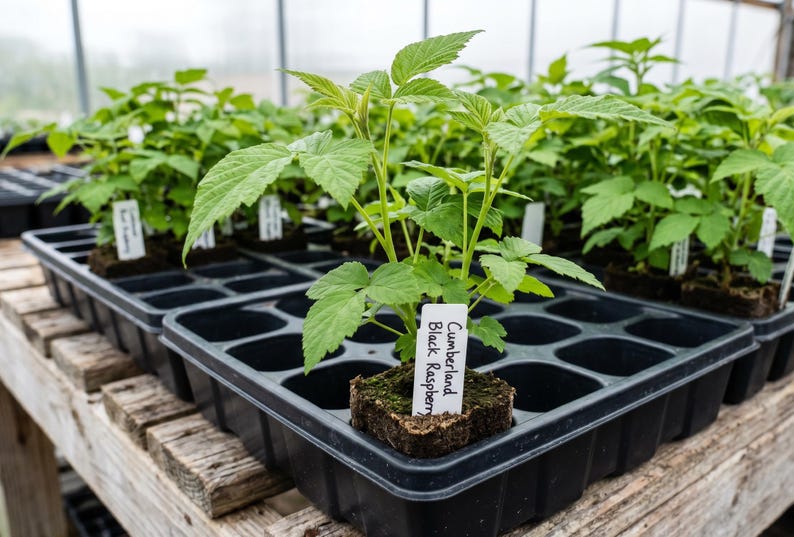 Pode incluir: Close-up de v&aacute;rias plantas de framboesa preta Cumberland em bandejas de pl&aacute;stico preto. Cada planta tem folhas verdes vibrantes e uma pequena etiqueta branca com o nome da planta. As bandejas est&atilde;o em uma superf&iacute;cie de madeira desgastada.