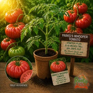 May include: A vibrant image showcasing a tomato plant in a terracotta pot, surrounded by ripe red tomatoes. A sign reads "PARKS'S WHOOPER TOMATO" with details about the starter plug, 6-10 inches tall, and 60+ days old. A "FRUIT REFERENCE" circle shows a tomato.
