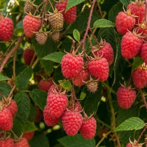 K&ouml;nnte beinhalten: Nahaufnahme eines Himbeerstrauchs voller reifer, roter Himbeeren. Die Beeren sind an gr&uuml;nen Stielen mit gr&uuml;nen Bl&auml;ttern angeordnet. Einige Beeren sind noch unreif und zeigen eine hellere Farbe. Das Bild ist gut beleuchtet und zeigt die Textur und Farbe der Fr&uuml;chte.