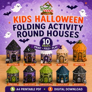 Pode incluir: Um conjunto para download de 10 casas redondas de atividades de Halloween para imprimir, com designs como abóbora, fantasma e esqueleto. A imagem inclui o texto Kids Halloween Folding Activity Round Houses e A4 Printable PDF.