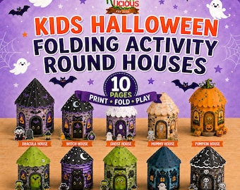 Könnte beinhalten: Ein digitales Set mit 10 ausdruckbaren Halloween-Aktivitätshäusern in runder Form, darunter Motive wie Kürbis-, Geister- und Skeletthäuser. Die Grafik enthält den Text Kids Halloween Folding Activity Round Houses und A4 Printable PDF.