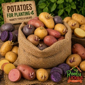 May include: A burlap sack overflowing with various potatoes, including red, yellow, and purple varieties. The image features a wooden sign that reads "Potatoes for Planting, Variety Types & Colors." The potatoes are arranged on a wooden surface.