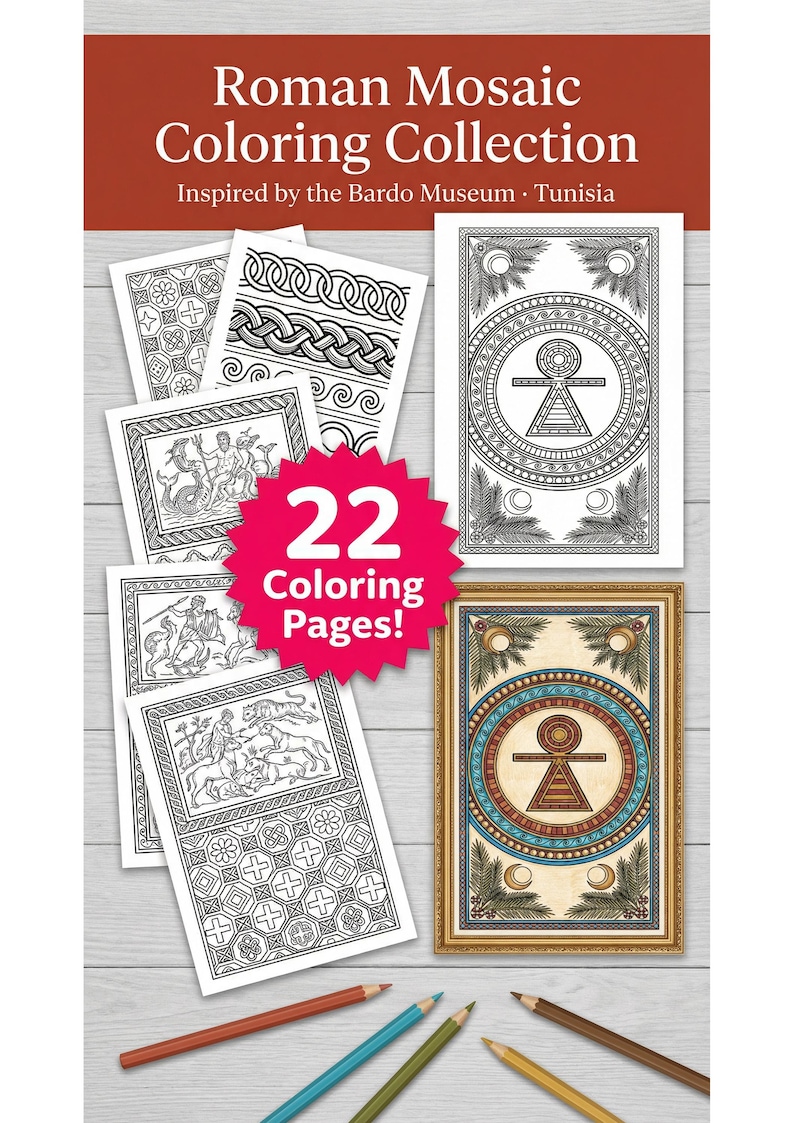 Carthaginian & Roman Mosaic Coloring Pages — Bardo Museum Inspired, 22 ...