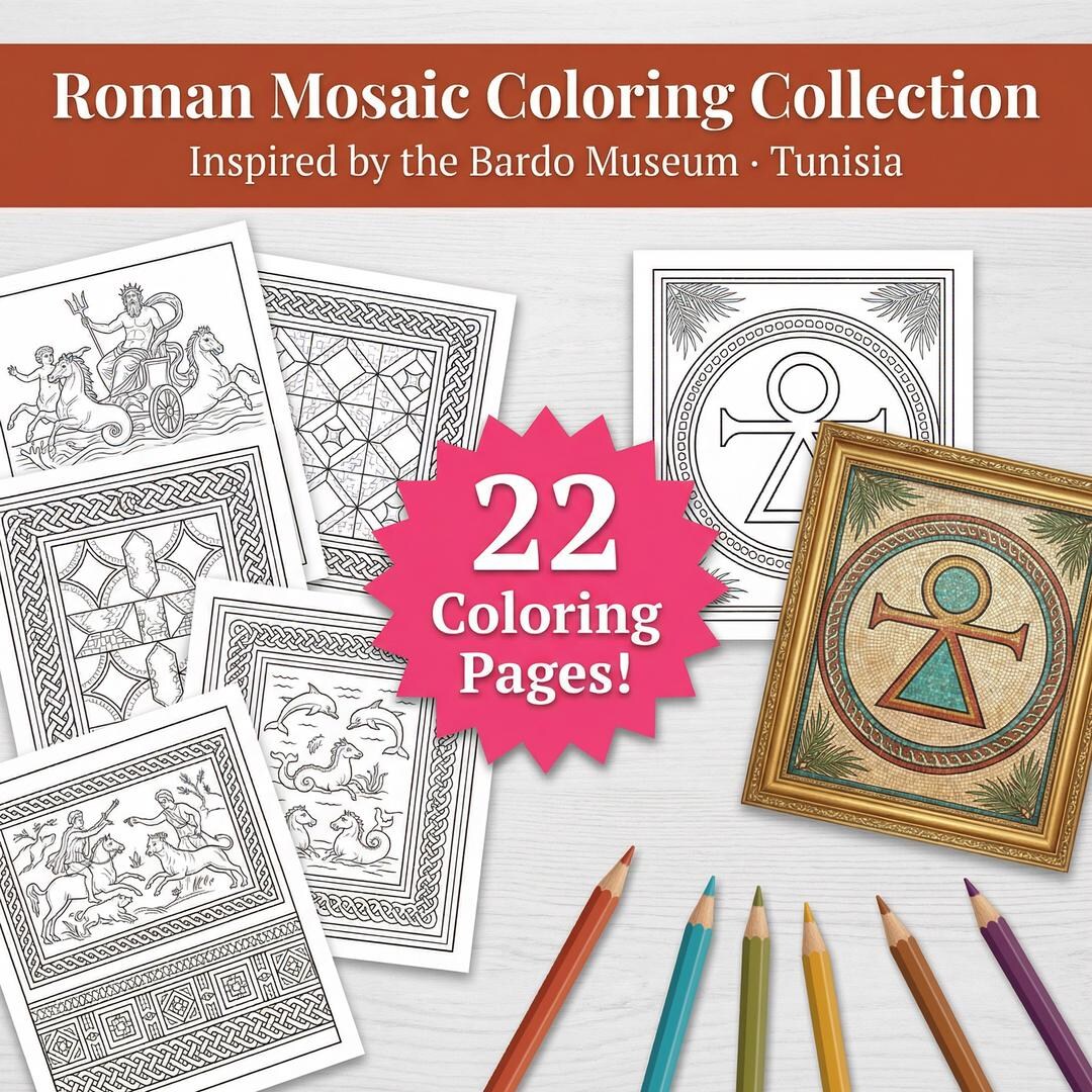 Carthaginian & Roman Mosaic Coloring Pages — Bardo Museum Inspired, 22 ...