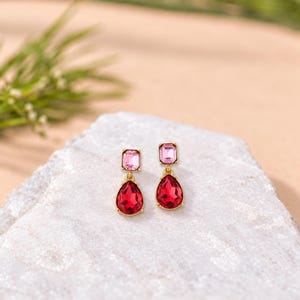 Ruby Drop Earrings, 925 Sterling Silver with Pink and Red Gemstones