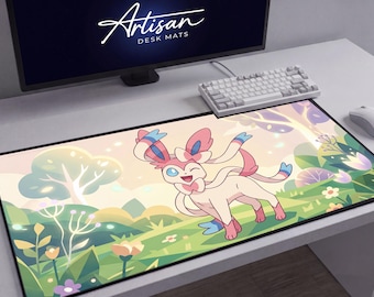 Sylveon Kawaii Fairy Eeveelution Desk Mat, Pink Anime Neoprene XL Mousepad