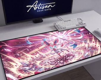 Sylveon Fairy Type Eeveelution Desk Mat, Pink Anime XL Neoprene Mousepad