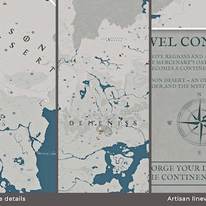 Puede incluir: Una impresi&oacute;n de mapa detallada con un fondo gris claro y acentos azules, que presenta detalles geogr&aacute;ficos y texto. El mapa incluye una rosa de los vientos y el texto "VEL CONTIN" y "SON DESERT".