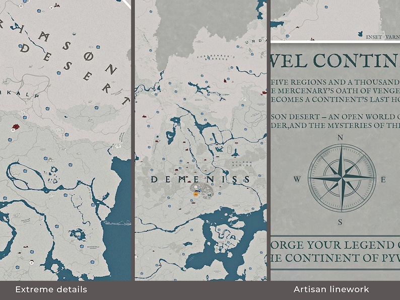 Puede incluir: Una impresi&oacute;n de mapa detallada con un fondo gris claro y acentos azules, que presenta detalles geogr&aacute;ficos y texto. El mapa incluye una rosa de los vientos y el texto "VEL CONTIN" y "SON DESERT".