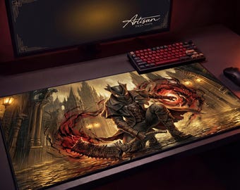 Bloodborne Desk Mat, Hunter Blood Rune Gaming Mousepad XL Neoprene, Dark Souls Soulslike Fan Gift