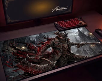 Bloodborne Desk Mat, Hunter vs Beast Gaming Mousepad XL Neoprene, Dark Souls Fan Gift