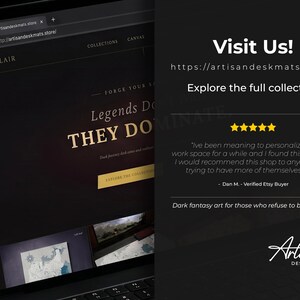 Puede incluir: Una pantalla de port&aacute;til muestra un sitio web que promociona alfombrillas de escritorio con arte de fantas&iacute;a oscura. El texto del sitio web incluye "Legends Do, They Dominate". La imagen tambi&eacute;n presenta una rese&ntilde;a de un cliente y la direcci&oacute;n del sitio web.