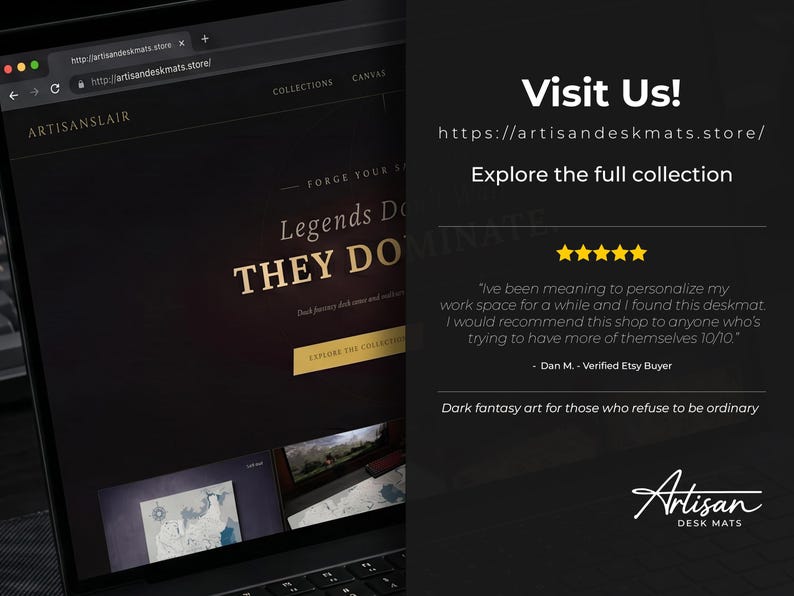 Puede incluir: Una pantalla de port&aacute;til muestra un sitio web que promociona alfombrillas de escritorio con arte de fantas&iacute;a oscura. El texto del sitio web incluye "Legends Do, They Dominate". La imagen tambi&eacute;n presenta una rese&ntilde;a de un cliente y la direcci&oacute;n del sitio web.