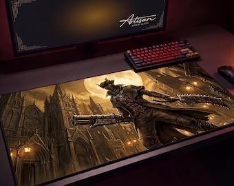 Bloodborne Desk Mat, Hunter Blunderbuss Moonlit Gaming Mousepad XL Neoprene, Dark Souls Fan Gift