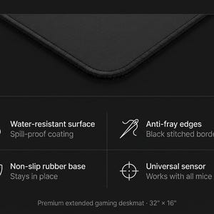 Puede incluir: Alfombrilla de escritorio para juegos negra extendida con superficie resistente al agua y bordes antifricci&oacute;n. Cuenta con una base de goma antideslizante y sensor universal. La alfombrilla mide 81 cm por 41 cm.