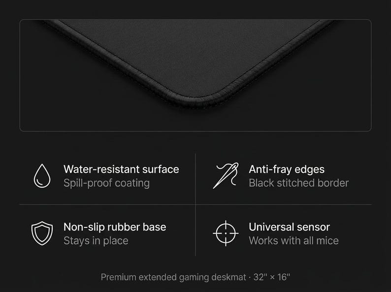 Puede incluir: Alfombrilla de escritorio para juegos negra extendida con superficie resistente al agua y bordes antifricci&oacute;n. Cuenta con una base de goma antideslizante y sensor universal. La alfombrilla mide 81 cm por 41 cm.
