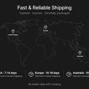 Puede incluir: Fondo oscuro con el texto "Fast & Reliable Shipping". Un mapa del mundo muestra marcadores de ubicaci&oacute;n para Estados Unidos, Europa y Australia. El texto indica los plazos de env&iacute;o est&aacute;ndar.
