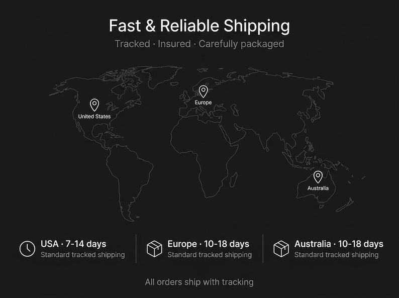 Puede incluir: Fondo oscuro con el texto "Fast & Reliable Shipping". Un mapa del mundo muestra marcadores de ubicaci&oacute;n para Estados Unidos, Europa y Australia. El texto indica los plazos de env&iacute;o est&aacute;ndar.