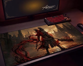 Bloodborne Desk Mat, Hunter vs Beast Gaming Mousepad XL Neoprene, Dark Souls Fan Gift Soulslike