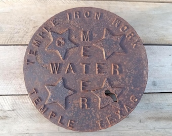 Vintage 13" Cast Iron Water Meter Cover Temple TX Architectural Salvage
